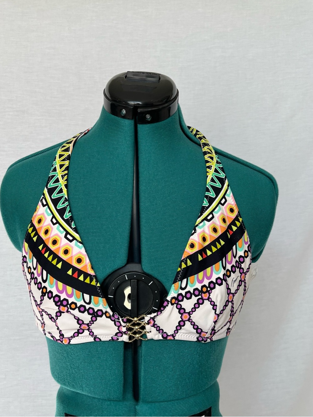 Tina Turk Patterned Multicolor Halter Bikini Top with Golden Decorative Clasp